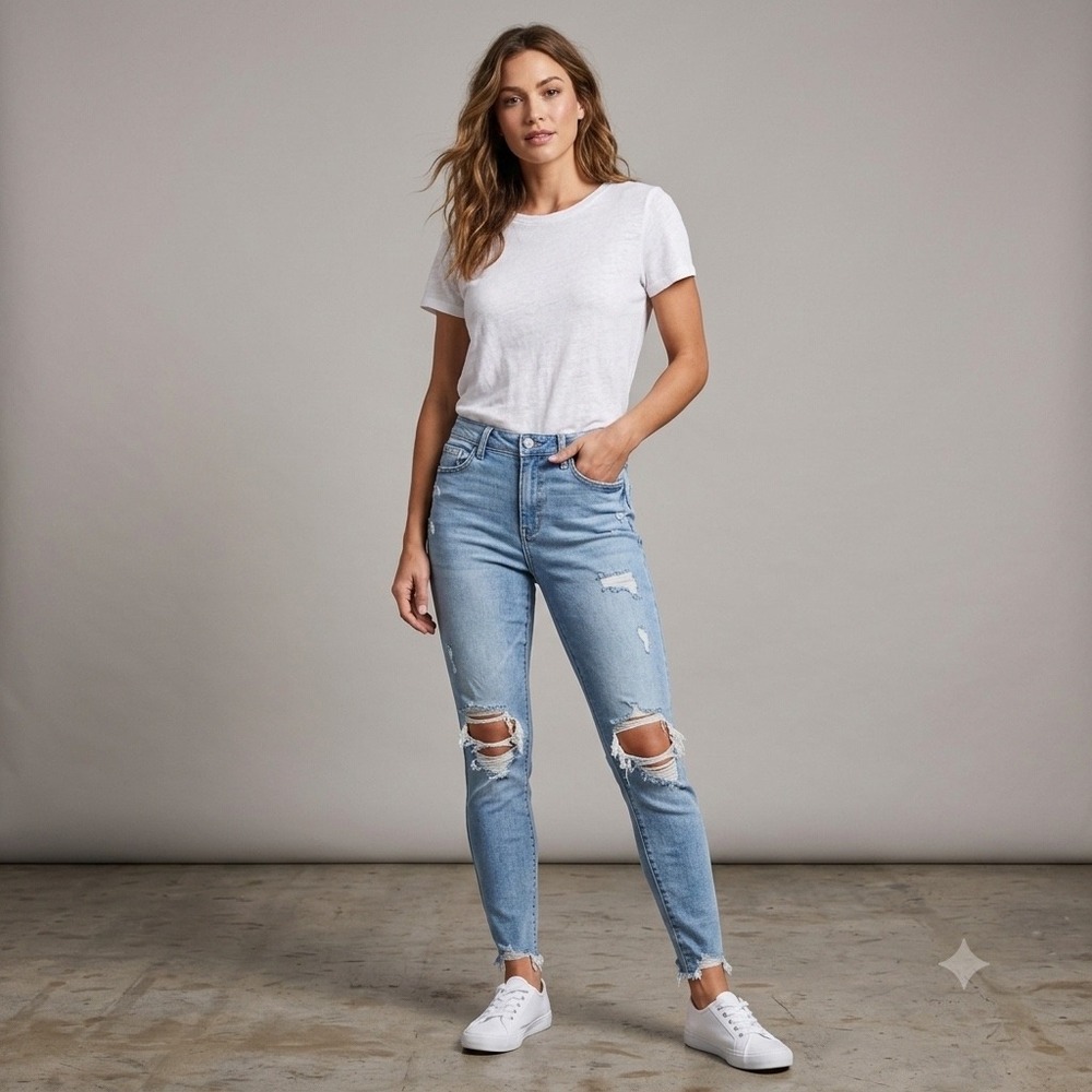Judy Blue Womens Size 7/28 Distressed Skinny Jeans Raw Hem Stretchy Blue Denim